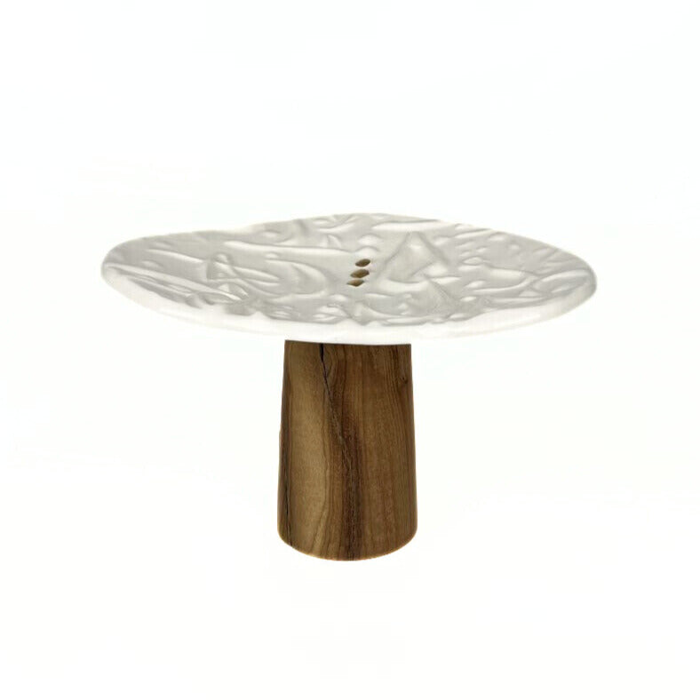 White Typography Dish with Wooden Base