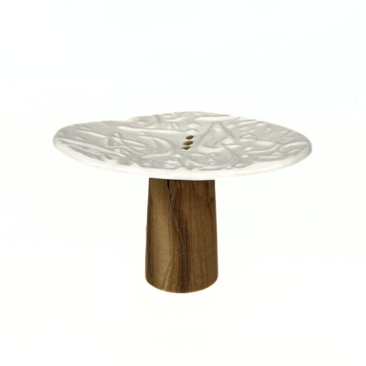White Typography Dish with Wooden Base